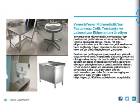 Yener & Yener Paslanmaz Çelik Temiz Oda ve Laboratuvar Ekipmanları Focus Cleanroom Dergisi'nde tanıtıldı